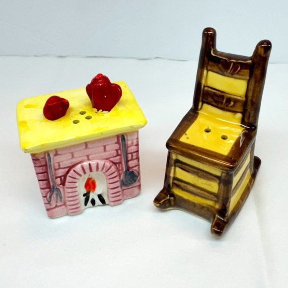Novelty Vintage Ceramic Salt and Pepper Shakers Fireplace & Rocking Chair *read* - Picture 1 of 6